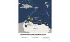 Carte montrant les vols d'avions de combat et de drones de surveillance maritime de l'armée américaine captés, dans la mer des Caraïbes, par le site spécialisé Flightradar24 entre le 12 novembre et le 12 décembre, et en plus entre le 14 octobre et le 12 décembre pour les avions bombardiers. Données arrêtées à 8H00 GMT. ( AFP / Luca MATTEUCCI )