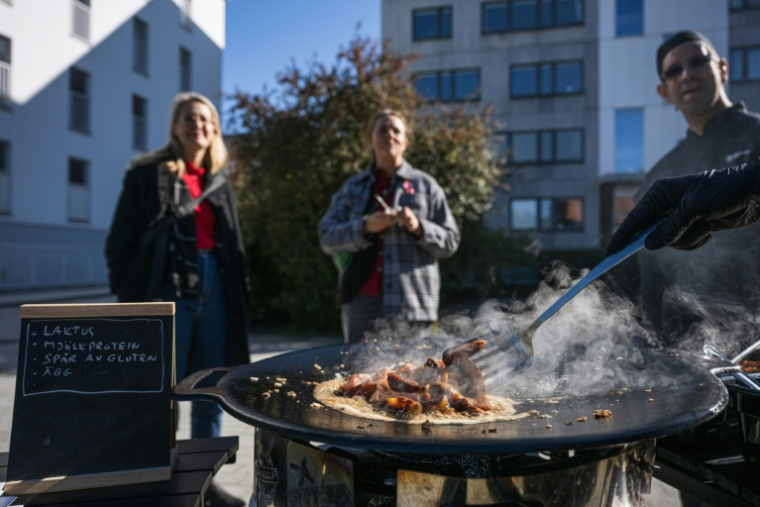 Des passants observent la préparation d'un plat à Hägersten, au sud de Stockholm, lors d'une initiative visant à sensibiliser aux repas qui peuvent être préparés dans des conditions d'état d'urgence, le 23 septembre 2025 en Suède ( AFP / Jonathan NACKSTRAND )