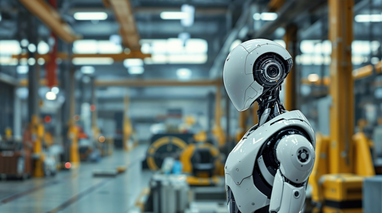 Un robot humanoïde., dans une usine. (Crédits: Adobe Stock / image générée par IA)