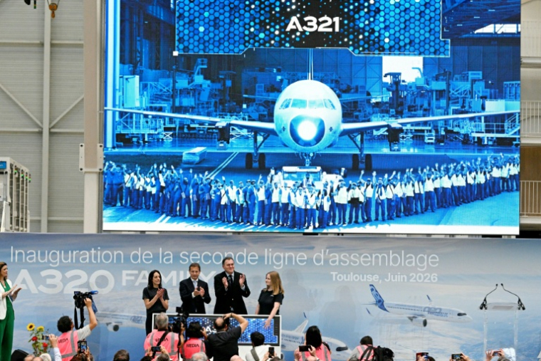 Lors de l'inauguration de la deuxième ligne d'assemblage de l'A320, Cornebarrieu en Haute-Garonne, 15 juin 2026 ( AFP / Lionel BONAVENTURE )