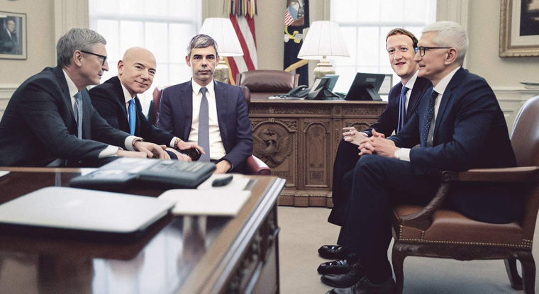 Rencontre à la Maison Blanche, entre Bill Gates (Microsoft), Jeff Bezos (Amazon), Larry Page (Google), Mark Zuckerbert (Meta Platforms) et Tim Cool (Apple) sur cette photo générée  par le programme artificielle Midjourney. (© Midjourney/PJ-Tardiveau)