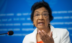 La juriste sud-africaine Navi Pillay à Genève en Suisse le 16 septembre 2025 ( AFP / Fabrice COFFRINI )