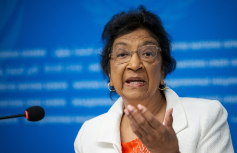 La juriste sud-africaine Navi Pillay à Genève en Suisse le 16 septembre 2025 ( AFP / Fabrice COFFRINI )