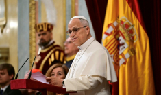 Le pape Léon XIV devant le Parlement espagnol à Madrid le 8 juin 2026 ( AFP / Stefano RELLANDINI )