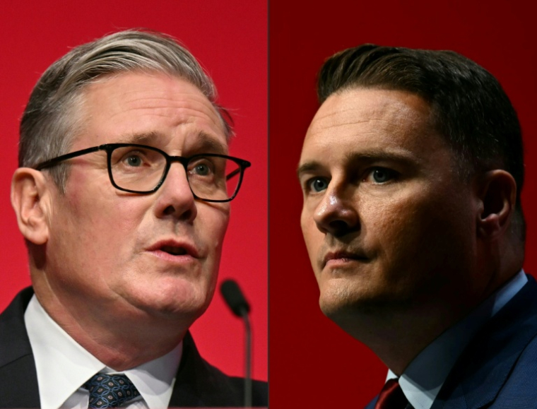 (COMBO) This combination of pictures created on May 14, 2026 shows(FILES) Britain's Prime Minister Keir Starmer delivers his keynote address to delegates on the third day of the annual Labour Party conference in Liverpool, north-west England, on September 30, 2025.(FILES) Britain's Health Secretary Wes Streeting delivers a speech on the third day of the annual Labour Party conference in Liverpool, north-west England, on September 30, 2025. Wes Streeting announced May 14, 2026, that he has resigned as Britain's health minister, paving the way for a potential leadership challenge against embattled Prime Minister Keir Starmer. ( AFP / Oli SCARFF )