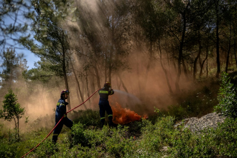 Des pompiers volontaires participent à un exercice de simulation d'incendie, à Rodopoli, dans la banlieue d'Athènes, le 18 mai 2025 en Grèce ( AFP / Angelos TZORTZINIS )