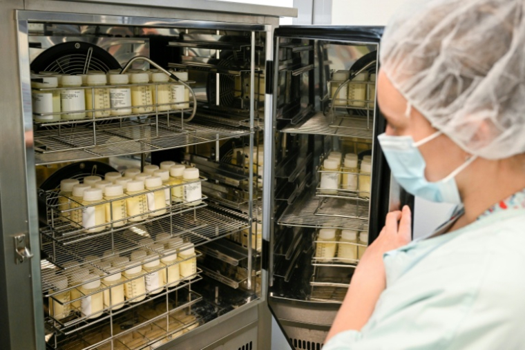 Une technicienne place des bouteilles de lait pasteurisé dans le congélateur de la banque de lait maternel de la maternité du CHU de Nancy, le 10 juin 2026 en Meurthe-et-Moselle ( AFP / Jean-Christophe VERHAEGEN )