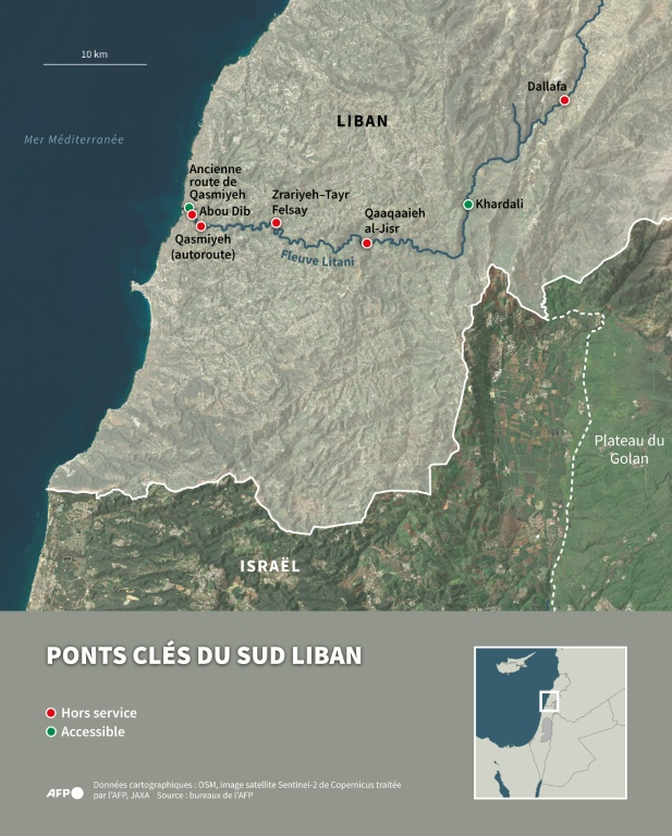 Carte montrant les principaux ponts sur le fleuve Litani, dans le sud du Liban ( AFP / Omar KAMAL )