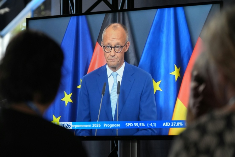 Le chancelier allemand Friedrich Merz sur un écran de télévision avant un débat à Schwerin, le 20 septembre 2026, après les résultats des élections régionales dans le Land de Mecklembourg-Poméranie-Occidentale, dans le nord-est de l'Allemagne ( POOL / Marcus Brandt )