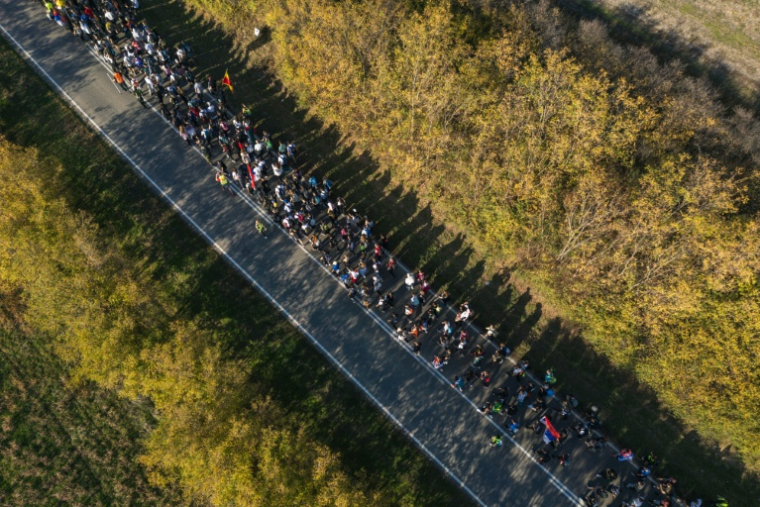 Vue aérienne de participants marchent vers Novi Sad pour assister à un rassemblement commémorant le premier anniversaire de la tragédie de la gare de Novi Sad, près d'Indjija, le 31 octobre 2025 en Serbie ( AFP / Andrej ISAKOVIC )