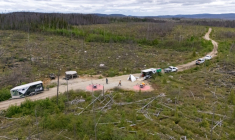 Cette zone du nord du Québec a brûlé lors des grands incendies de 2023 au Canada, des drones aident à replanter des arbres pour reboiser, le 19 juin 2025. ( AFP / François Robert-Durand )