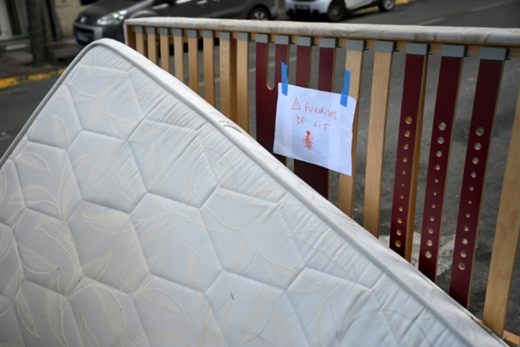 Une pancarte "Punaises de lit" sur un matelas abandonné dans une rue à Marseille, le 3 octobre 2023 ( AFP / Nicolas TUCAT )