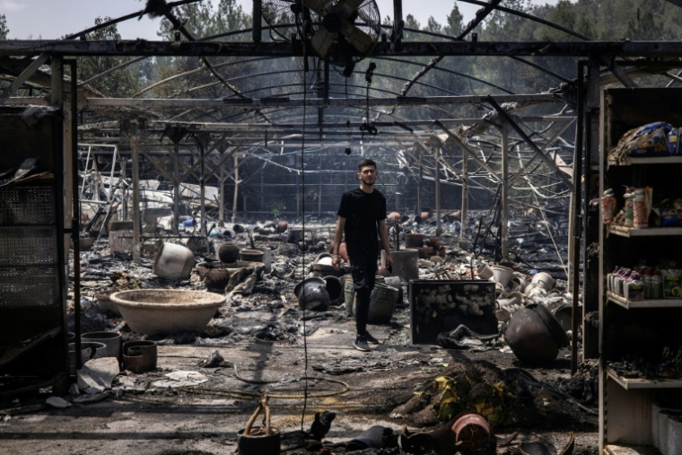 Une jardinerie incendiée après des feux de forêt, à Mesilat Zion, dans le centre d'Israël, le 1er mai 2025 ( AFP / JOHN WESSELS )