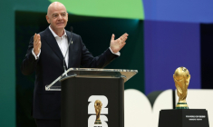 Le président de la Fifa Gianni Infantino en conférence de presse, le 1er juin 2026 à Dallas (Texas) ( GETTY IMAGES NORTH AMERICA / Sam Hodde )