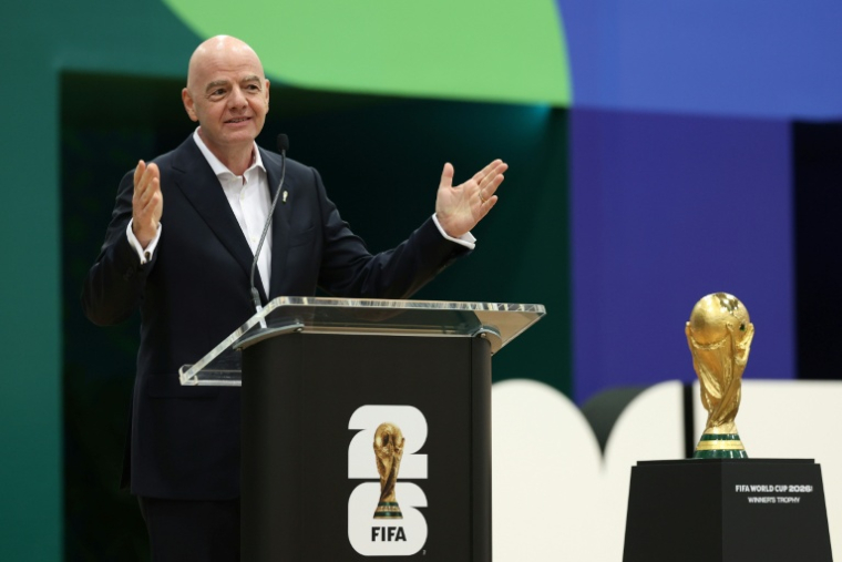 Le président de la Fifa Gianni Infantino en conférence de presse, le 1er juin 2026 à Dallas (Texas) ( GETTY IMAGES NORTH AMERICA / Sam Hodde )