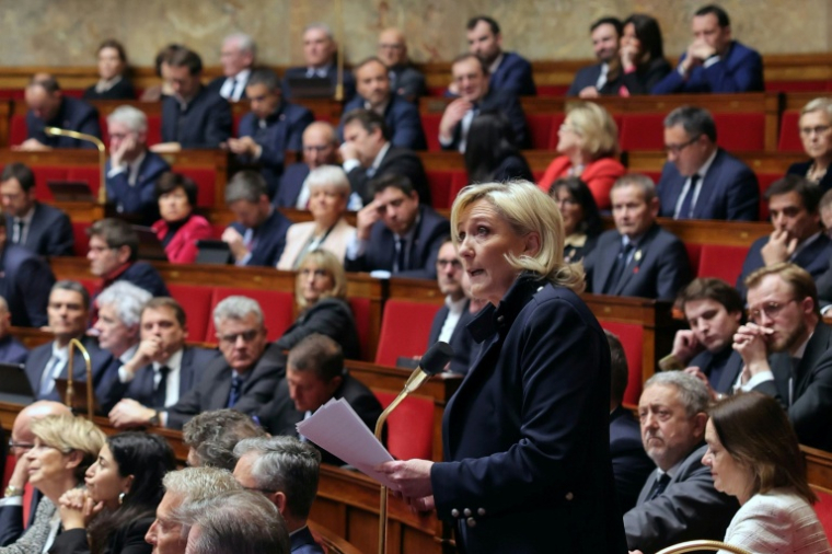 La présidente du groupe RN à l'Assemblée nationale Marine Le Pen s'exprime le 28 janvier 2025 à Paris lors d'une séance de questions au gouvernement ( AFP / Thomas SAMSON )