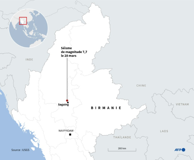Carte de Birmanie localisant le séisme de magnitude 7,7 survenu le 28 mars ( AFP / John SAEKI )