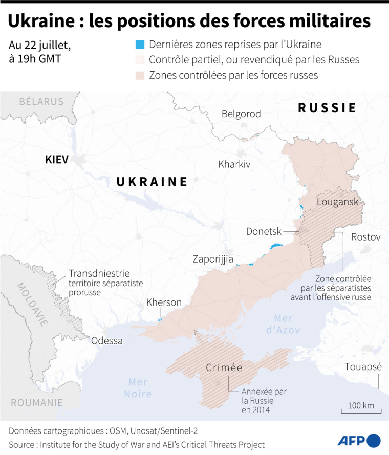 Carte des zones contrôlées par les forces ukrainiennes et russes en Ukraine au 22 juillet 2024 à 19h GMT ( AFP / Valentin RAKOVSKY )