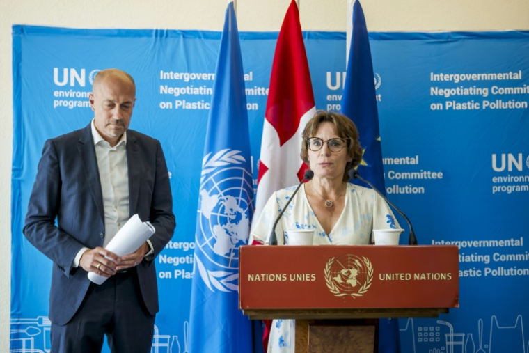 Le ministre danois de l'Environnement Magnus Heunick (G) et la Commissaire européenne à l'Environnement Jessika Roswall (D) durant un point presse portant sur les négociations du traité plastique en cours aux Nations Unies à Genève, le 12 aout 2025. ( AFP / Fabrice COFFRINI )