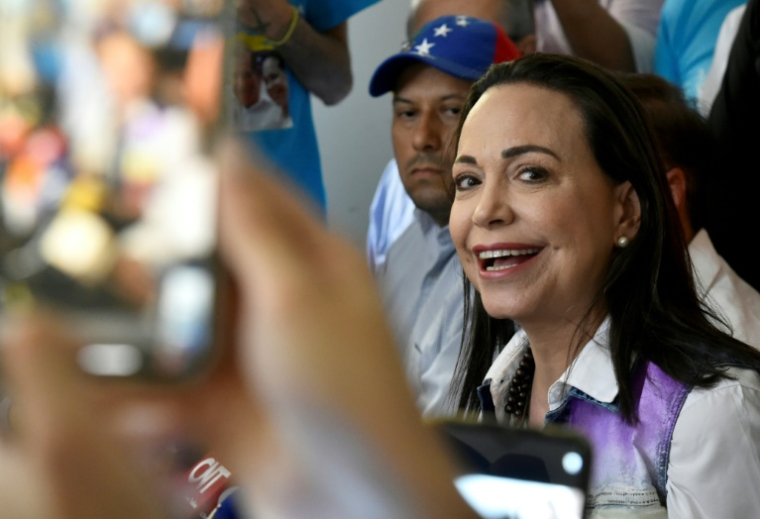 La cheffe de l'opposition vénézuélienne Maria Corina Machado lors d'un rassemblement de campagne à San Cristobal, Etat de Tachira, le 28 juin 2024 ( AFP / Schneyder Mendoza )