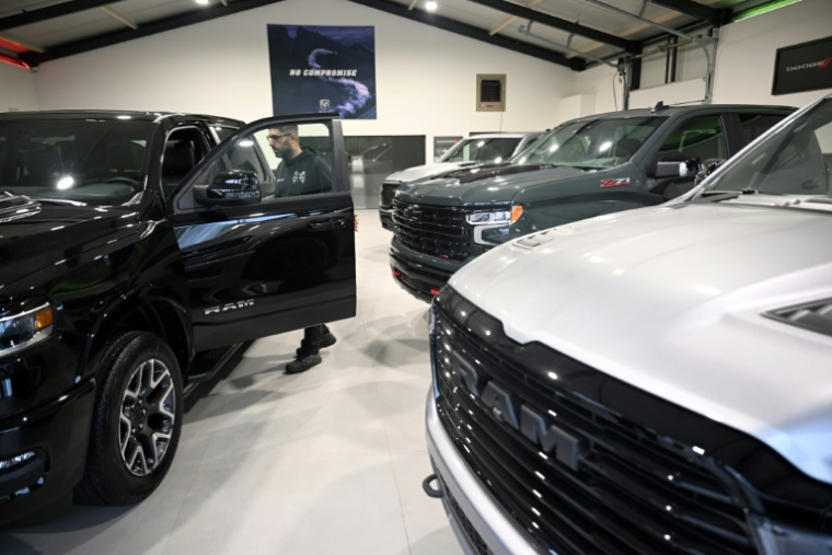 Des pick-up américains chez un concessionnaire à Bourg-Léopold, le 9 septembre 2025 en Belgique ( AFP / Nicolas TUCAT )
