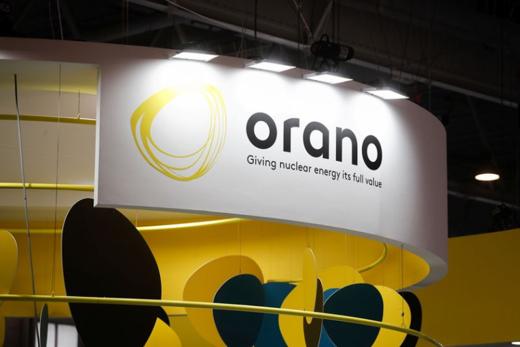 Le logo d'Orano est photographié au World Nuclear Exhibition (WNE) en France