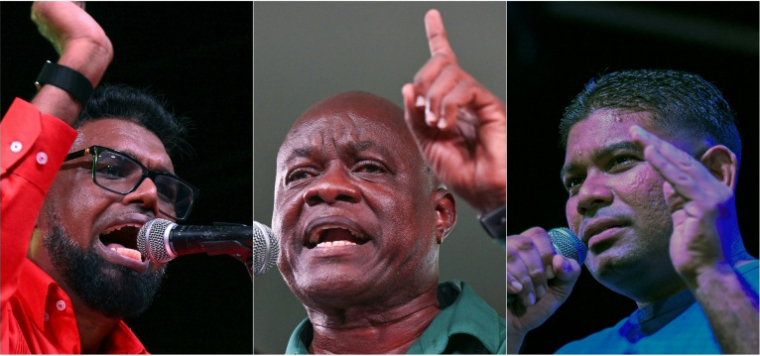 Ce combo d'images d'archives créé le 31 août 2025 montre (de g. à d.) le président sortant du Guyana Mohamed Irfaan Ali, l'oposant Aubrey Norton et le populiste Azruddin Mohamed ( AFP / Joaquin Sarmiento )