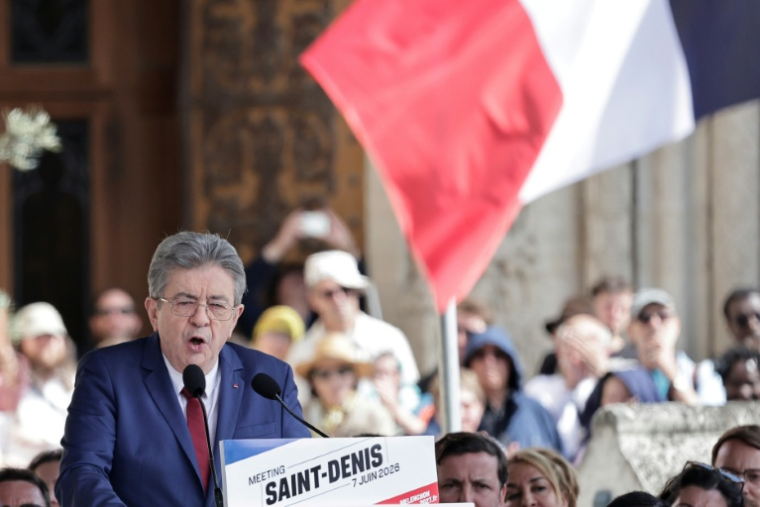 Jean-Luc Mélenchon (LFI), pour son premier meeting de campagne présidentielle, le 7 juin 2026 à Saint-Denis ( AFP / STEPHANE DE SAKUTIN )