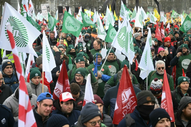 Des drapeaux de la FNSEA lors d'une marche d'agriculteurs européens vers le Parlement européens contre l'accord de libre-échange entre l'UE et les pays du Mercosur, à la veille d'un vote sur une saisine des tribunaux, le 20 janvier 2026 à Strasbourg ( AFP / NICOLAS TUCAT )