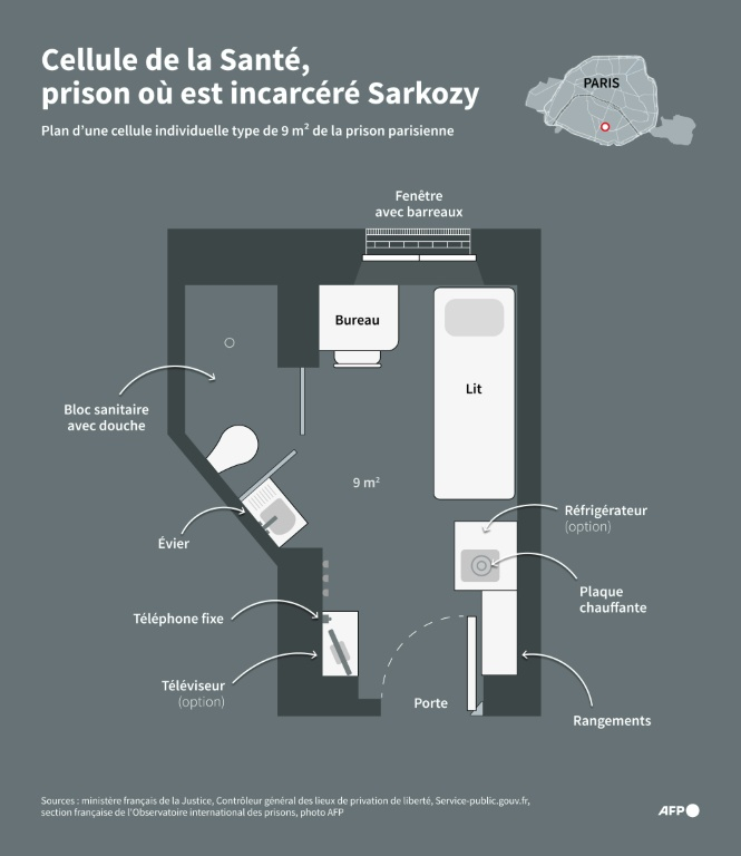 Plan d'une cellule individuelle de 9 m2 type de la prison parisienne de la Santé, où l'ancien président de la République française Nicolas Sarkozy a été incarcéré mardi 21 octobre ( AFP / Nalini LEPETIT-CHELLA )