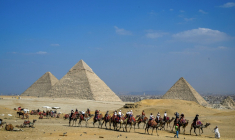 Des touristes à dos de chameau visitent la nécropole des pyramides de Gizeh, le 7 novembre 2025 en Egypte ( AFP / Khaled DESOUKI )