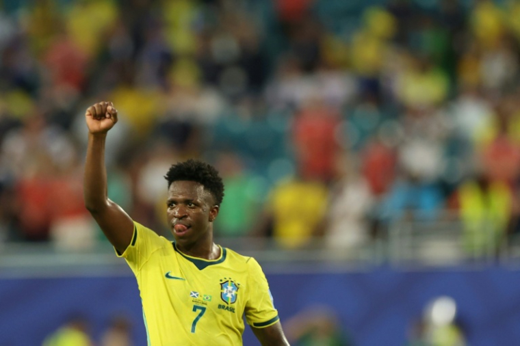 L'ailier du Brésil Vinicius Jr a inscrit un doublé contre l'Ecosse le 24 juin 2026 à Miami ( AFP / PATRICIA DE MELO MOREIRA )