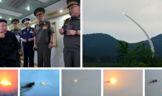 Images de l'agence officielle nord-coréenne KCNA prises le 23 août 2025 montrant le test de missiles anti-aériens, supervisé par Kim Jong Un ( KCNA VIA KNS / STR )