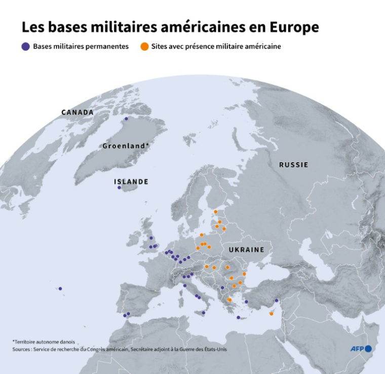 Carte montrant les principales bases militaires américaines et sites avec présence militaire américaine en Europe ( AFP / Jonathan WALTER )