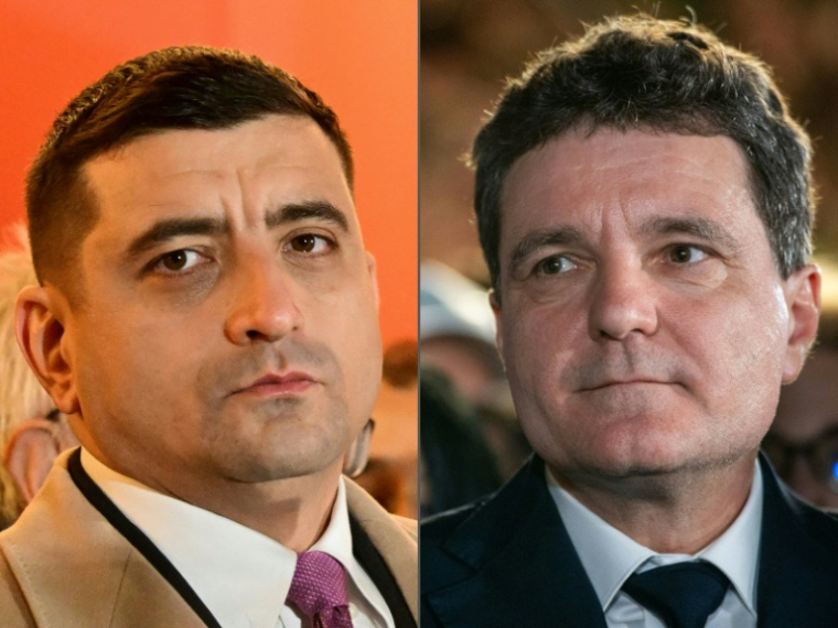 Montage photo de George Simion et Nicusor Dan, candidats à la présidentielle roumaine ( AFP / Daniel MIHAILESCU )
