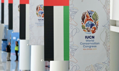 Des affiches du congrès de l'Union internationale pour la conservation de la nature (UICN), le 8 octobre 2025 à Abou Dhabi, aux Emirats arabes unis ( AFP / Giuseppe CACACE )