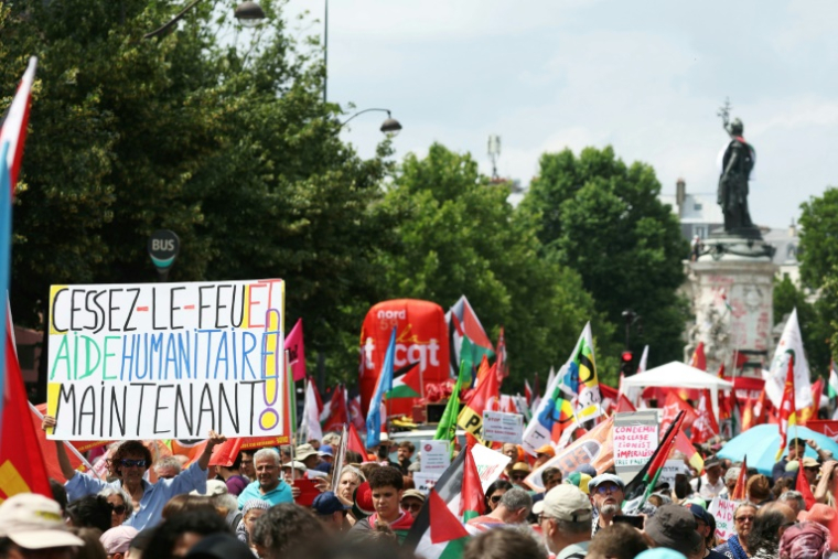Manifestation propalestinienne place de la République à Paris, le 14 juin 2025 ( AFP / Thomas SAMSON )