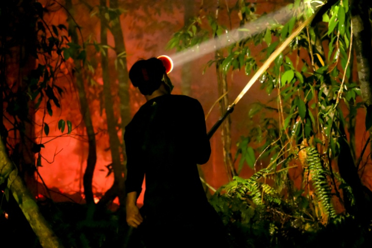Un villageois lutte contre un incendie à Lintang Batang, dans le Kalimantan occidental, le 6 septembre 2026 en Indonésie ( AFP / BAY ISMOYO )