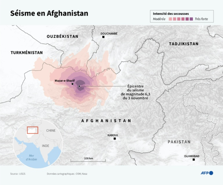 Carte de l'intensité du séisme de magnitude 6,3 qui a frappé l'Afghanistan dans la nuit du dimanche 2 au lundi 3 novembre 2025 ( AFP / John SAEKI )