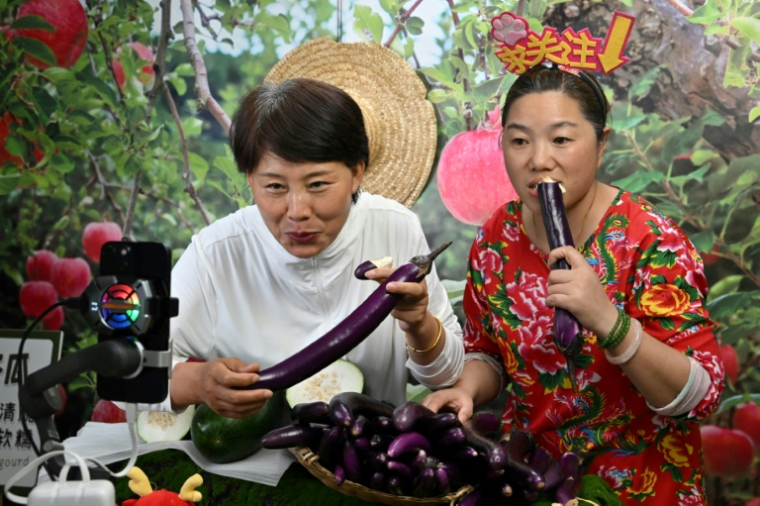 Des participantes à un camp pratique de livestream pour les "néo-paysans" font une présentation commerciale à Yantai, dans la province orientale du Shandong, le 26 juin 2025 en Chine ( AFP / Adek BERRY )