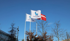 Photo d'archives des drapeaux visibles devant le siège de Novo Nordisk à Copenhague