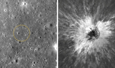 Cette combinaison d'images diffusée le 16 septembre 2026 par la NASA montre la surface de la Lune avant l'impact (à gauche) puis après la formation d'un nouveau cratère, sur des clichés pris par la caméra de l'orbiteur de reconnaissance lunaire ( NASA / Handout )