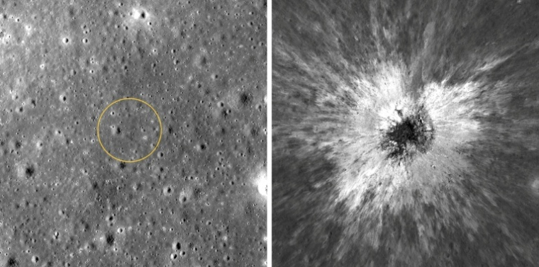 Cette combinaison d'images diffusée le 16 septembre 2026 par la NASA montre la surface de la Lune avant l'impact (à gauche) puis après la formation d'un nouveau cratère, sur des clichés pris par la caméra de l'orbiteur de reconnaissance lunaire ( NASA / Handout )