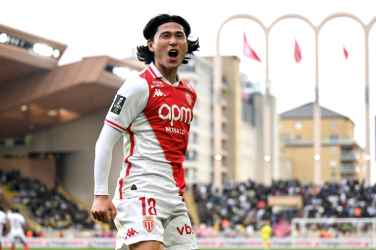 Le Japonais Takumi Minamino, auteur du premier but de Monaco face à Marseille, le 12 avril 2025 au stade Louis-II ( AFP / Frederic DIDES )