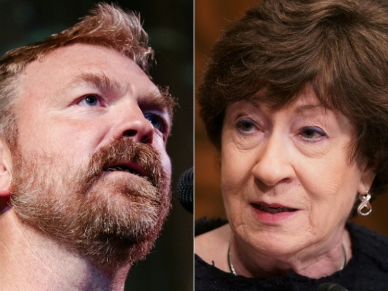 Le candidat démocrate pour le Sénat américian dans le Maine, Graham Platner, et son opposante républicaine, Susan Collins ( GETTY IMAGES NORTH AMERICA / Sophie Park )