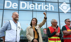 La secrétaire générale de la CGT Sophie Binet lors d'un rassemblement en soutien aux salariés du chauffagiste BDR Thermea, à Mertzwiller (Bas-Rhin), le 5 juin 2025 ( AFP / Frederick FLORIN )