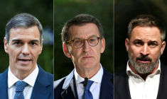 Combinaison d'images réalisée le 6 octobre 2026 avec, de gauche à droite, Pedro Sánchez à Palma de Majorque le 29 juillet 2025, Alberto Núñez Feijóo à Madrid le 28 juillet 2022 et Santiago Abascal à Madrid le 10 juillet 2023 ( AFP / JAIME REINA )