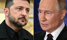 Photomontage de Volodymyr Zelensky et de Vladimir Poutine. ( AFP / MANDEL NGAN )