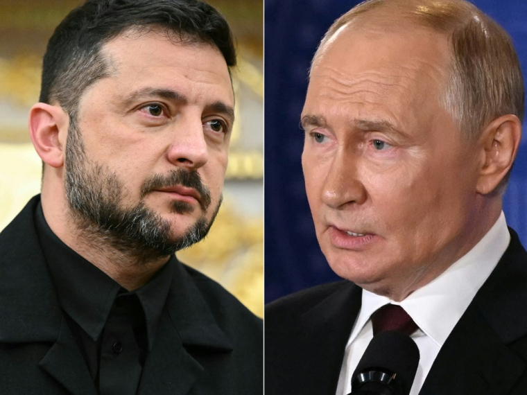 Photomontage de Volodymyr Zelensky et de Vladimir Poutine. ( AFP / MANDEL NGAN )