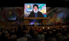 Sayyed Hassan Nasrallah,  prononce un discours télévisé lors d'un rassemblement marquant la Journée al-Qods dans la banlieue sud de Beyrouth